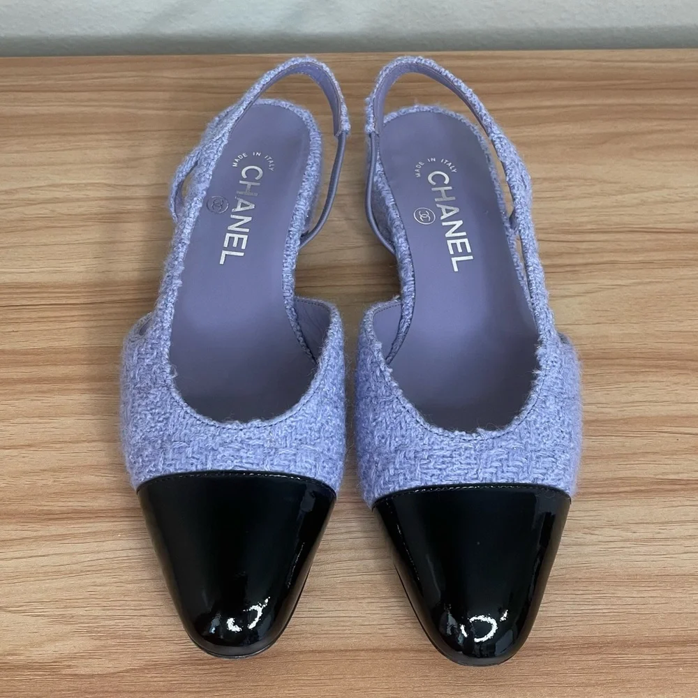 RARE Chanel Boucle Purple and Patent Leather Flat Slingbacks 37.5 - Picture 2 of 11